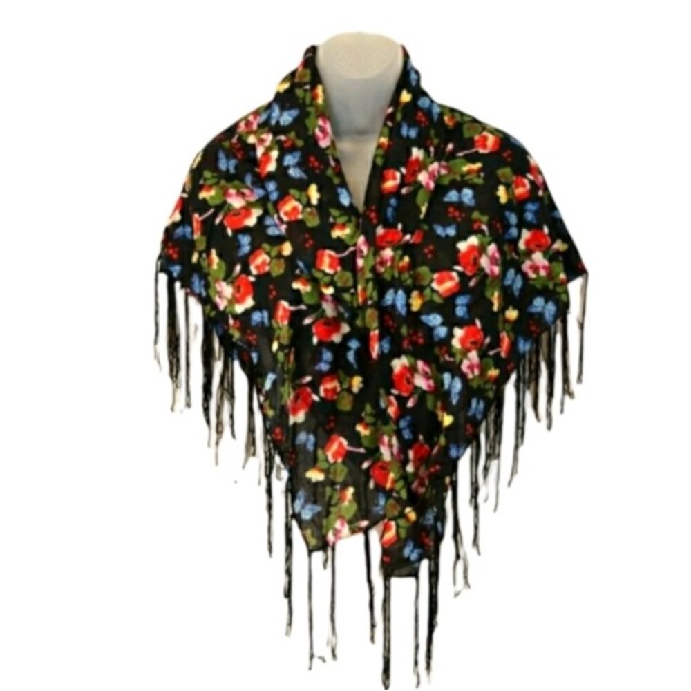 Black Floral Butterfly Fringe Scarf Large Wrap Scarf